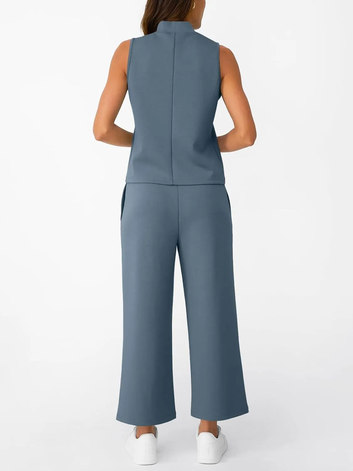 AUTOMET Womens 2 Piece Mock Neck Matching Summer Tracksuit Set Sleeveless Tank Top Wide Leg Crop Pant Sets