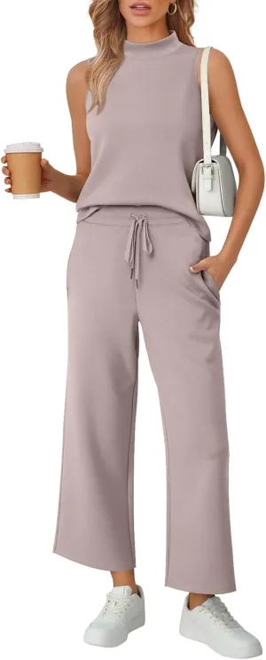 AUTOMET Womens 2 Piece Mock Neck Matching Summer Tracksuit Set Sleeveless Tank Top Wide Leg Crop Pant Sets