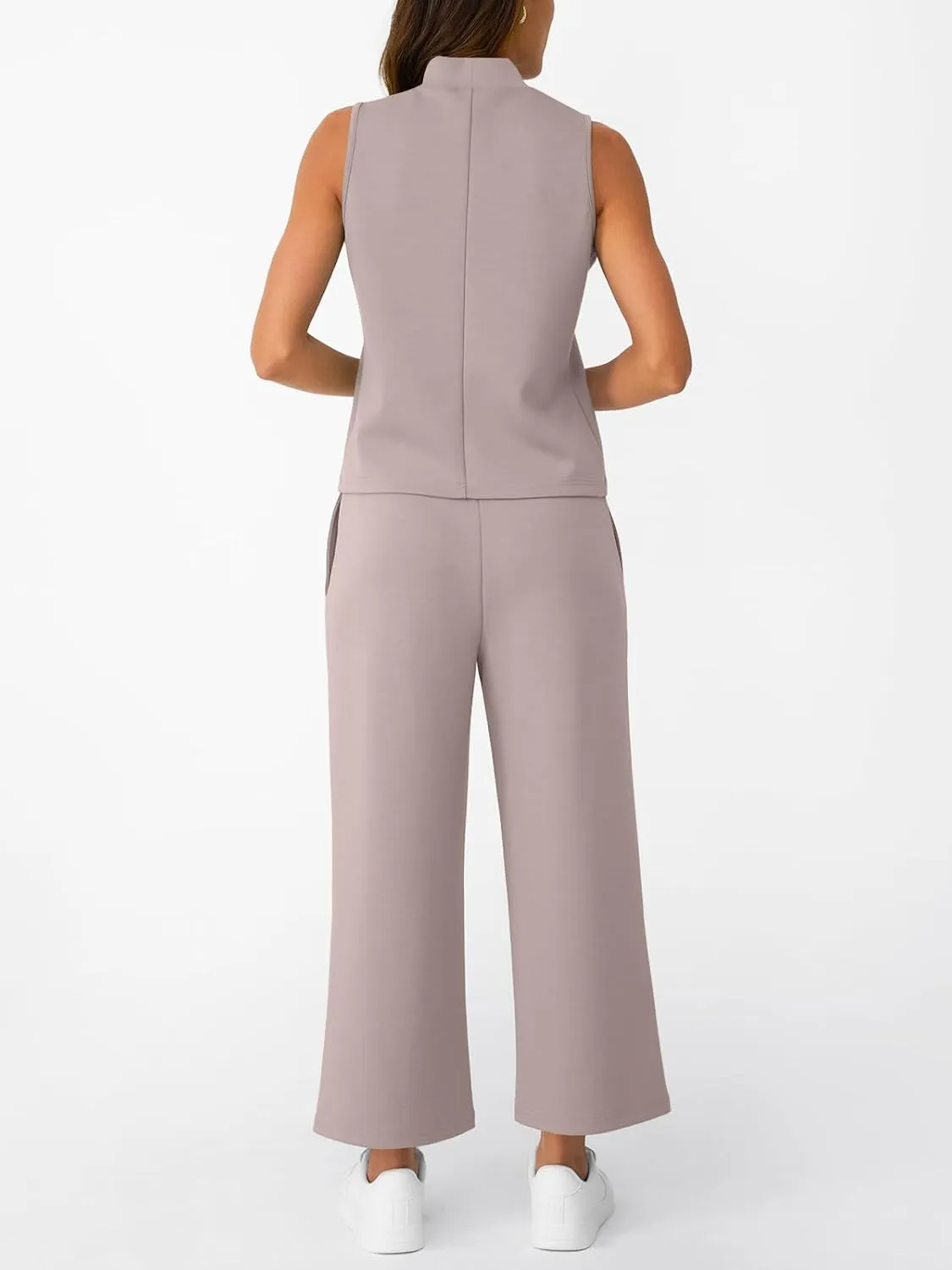 AUTOMET Womens 2 Piece Mock Neck Matching Summer Tracksuit Set Sleeveless Tank Top Wide Leg Crop Pant Sets