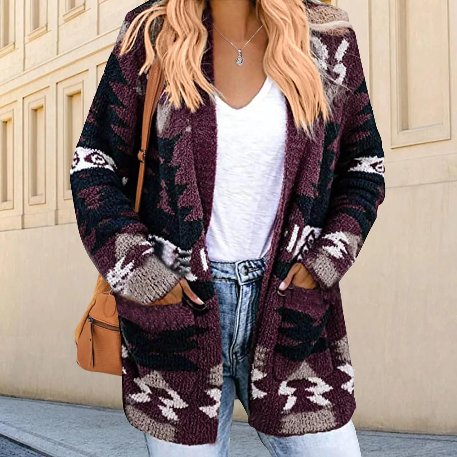 Aztec Cardigan Sweater for Women Long Sleeve Open Front Cardigan Jacket Vintage Western Ethnic Fall Knit Sweater Coat