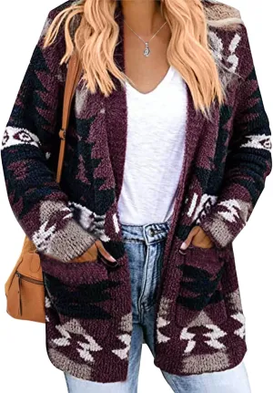 Aztec Cardigan Sweater for Women Long Sleeve Open Front Cardigan Jacket Vintage Western Ethnic Fall Knit Sweater Coat
