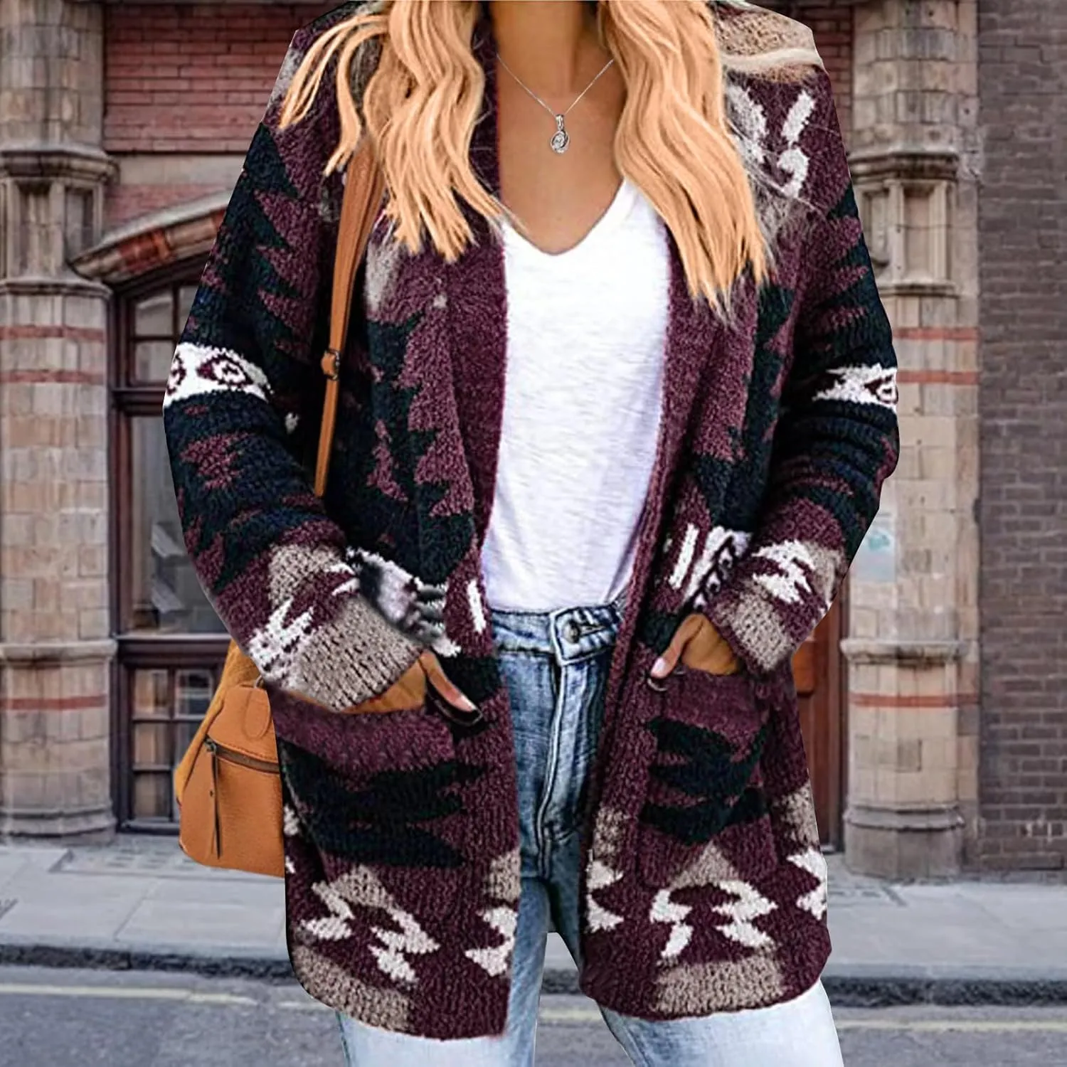Aztec Cardigan Sweater for Women Long Sleeve Open Front Cardigan Jacket Vintage Western Ethnic Fall Knit Sweater Coat