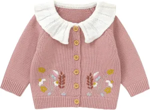 Baby Girl Cardigan Knit Sweater Animal Embroidery Chunky Coat Doll Collar Knitwear Toddler Infant Spring Clothes