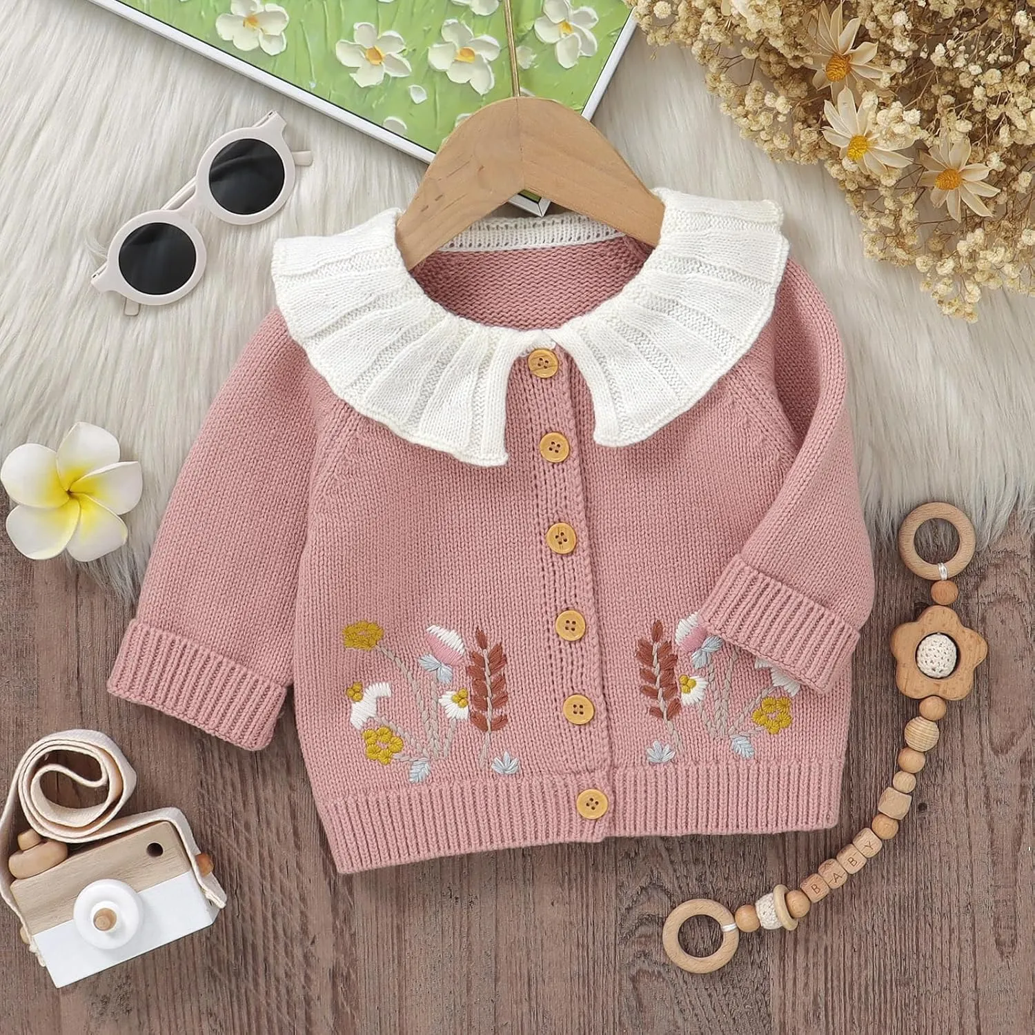 Baby Girl Cardigan Knit Sweater Animal Embroidery Chunky Coat Doll Collar Knitwear Toddler Infant Spring Clothes