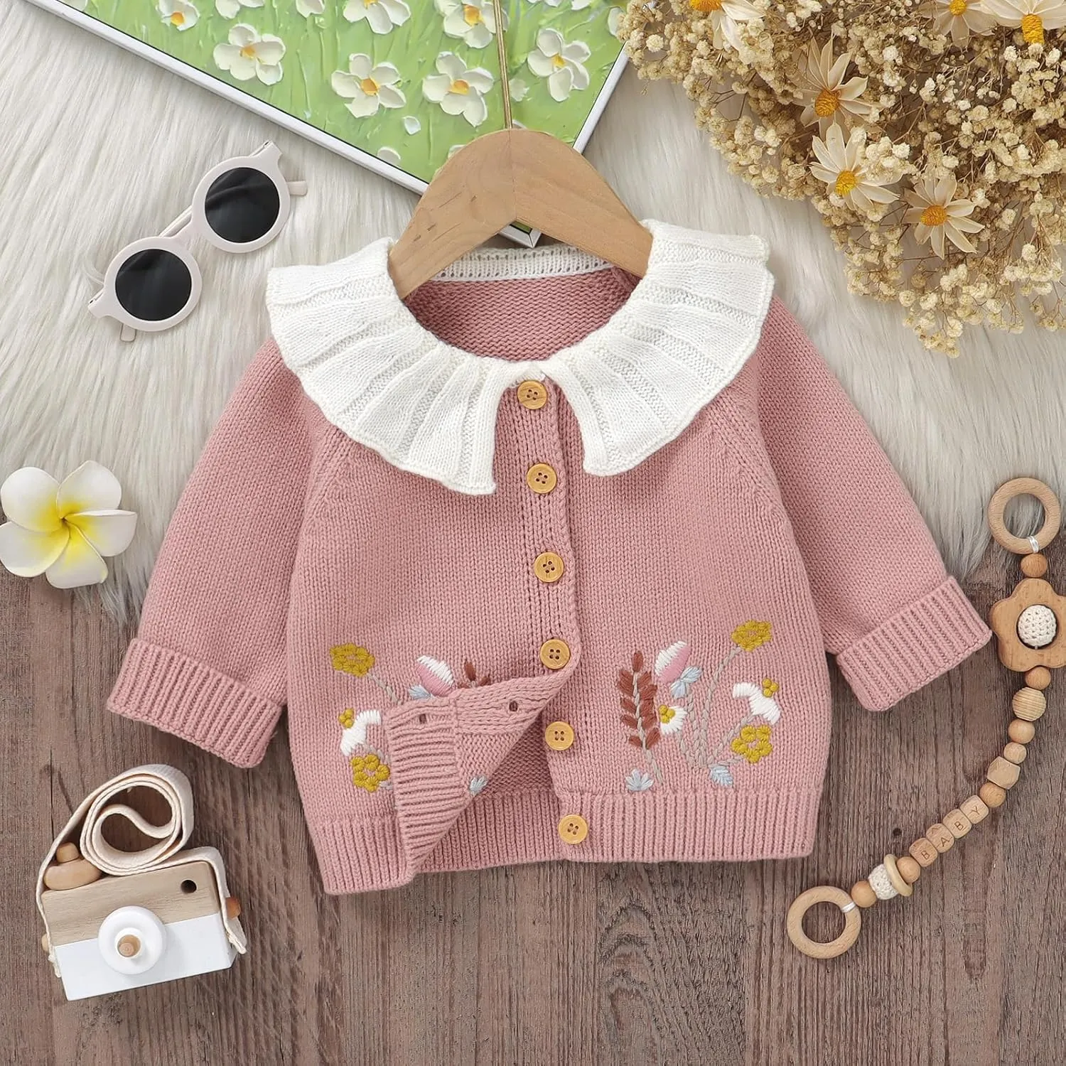 Baby Girl Cardigan Knit Sweater Animal Embroidery Chunky Coat Doll Collar Knitwear Toddler Infant Spring Clothes