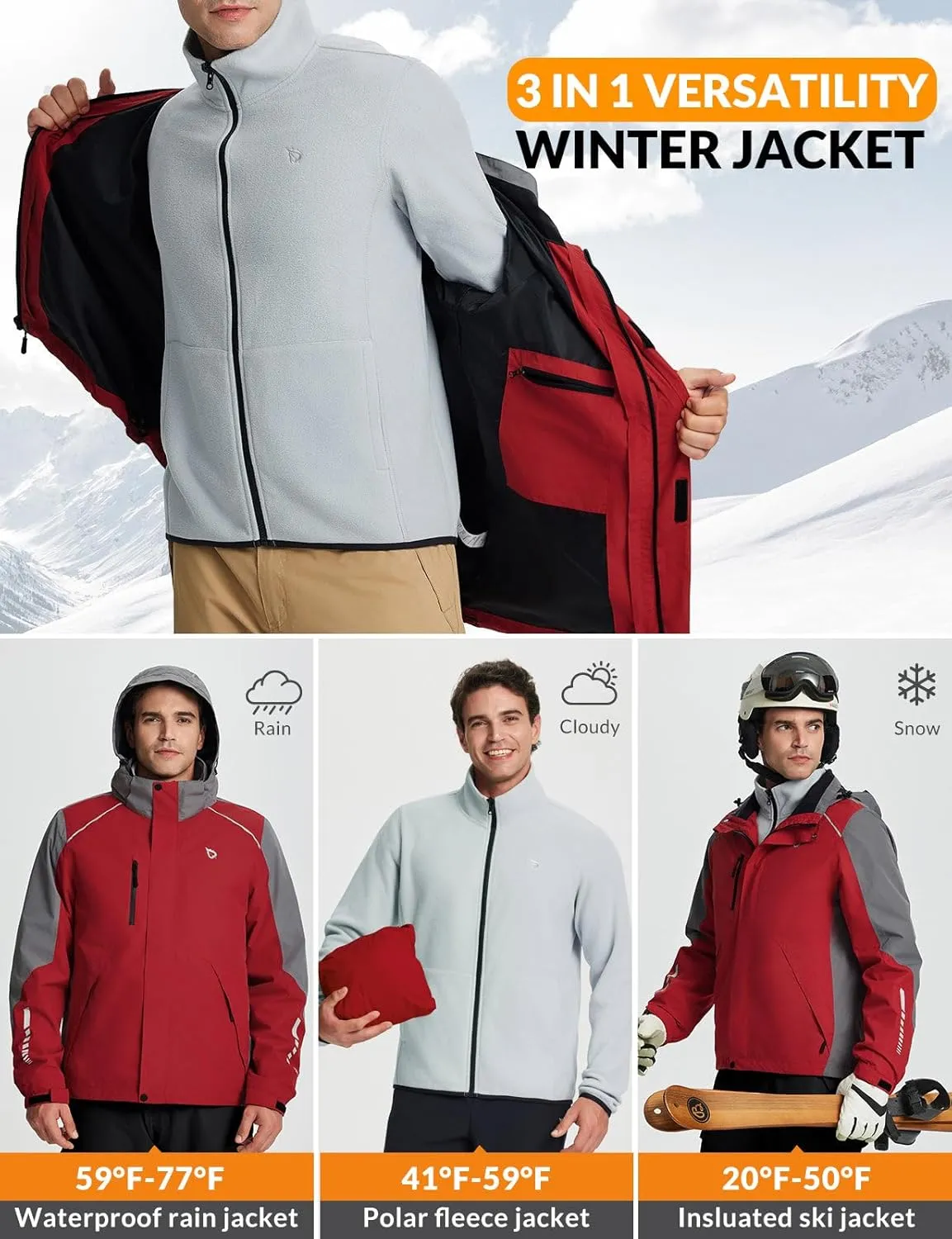 baleaf Men's Rain Jacket 3 In 1 Winter Ski Waterproof Windbreaker Hooded Reflective Packable with Polar Fleece Jacket