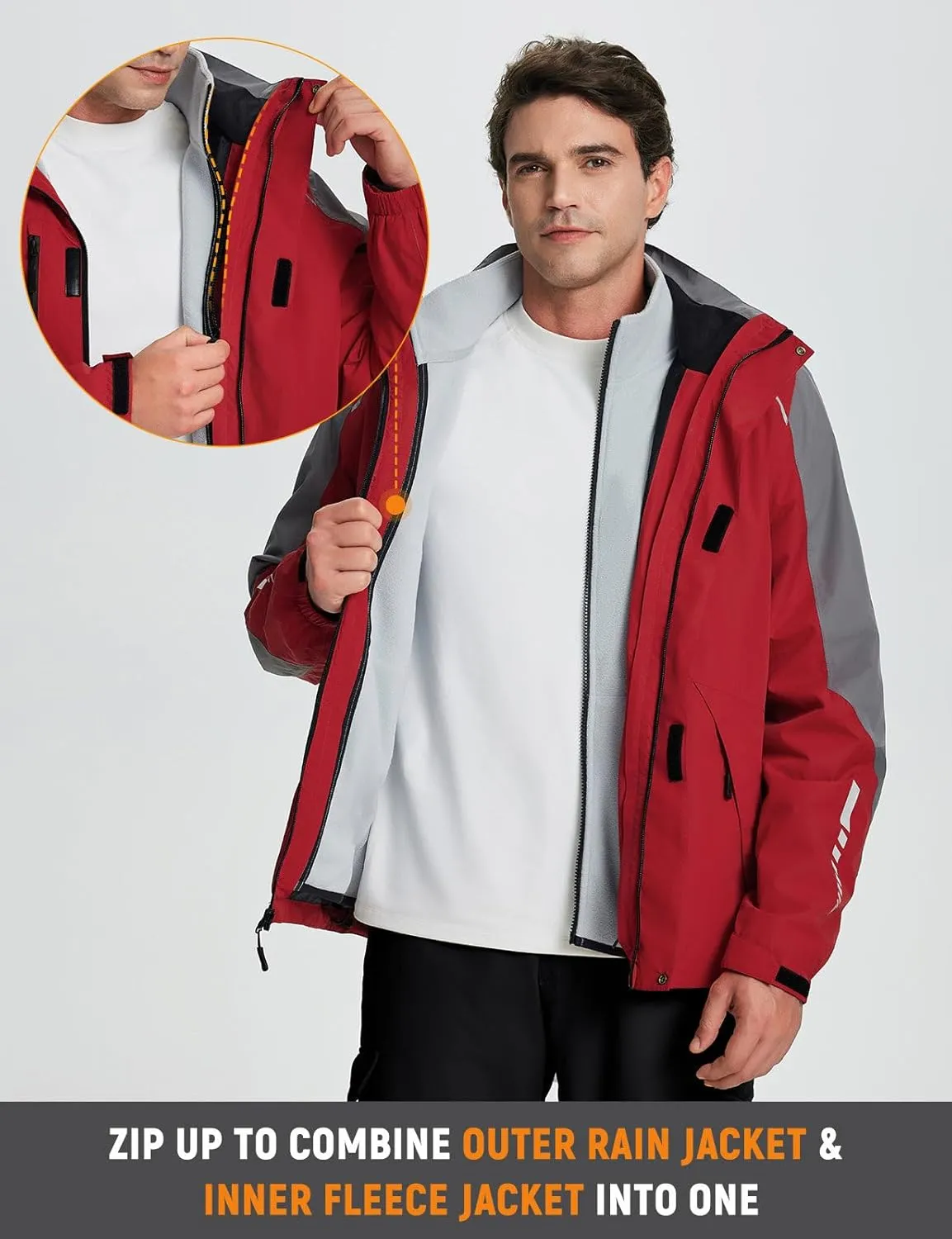 baleaf Men's Rain Jacket 3 In 1 Winter Ski Waterproof Windbreaker Hooded Reflective Packable with Polar Fleece Jacket