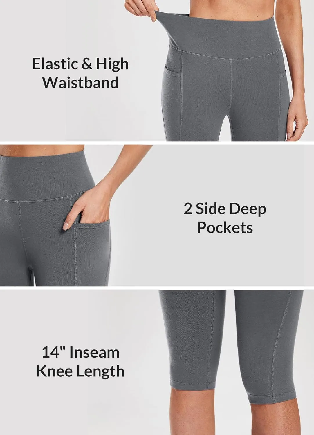 baleaf Women's Knee Length Cotton Capri Leggings with Pockets, High Waisted Casual Summer Yoga Workout Exercise Pants