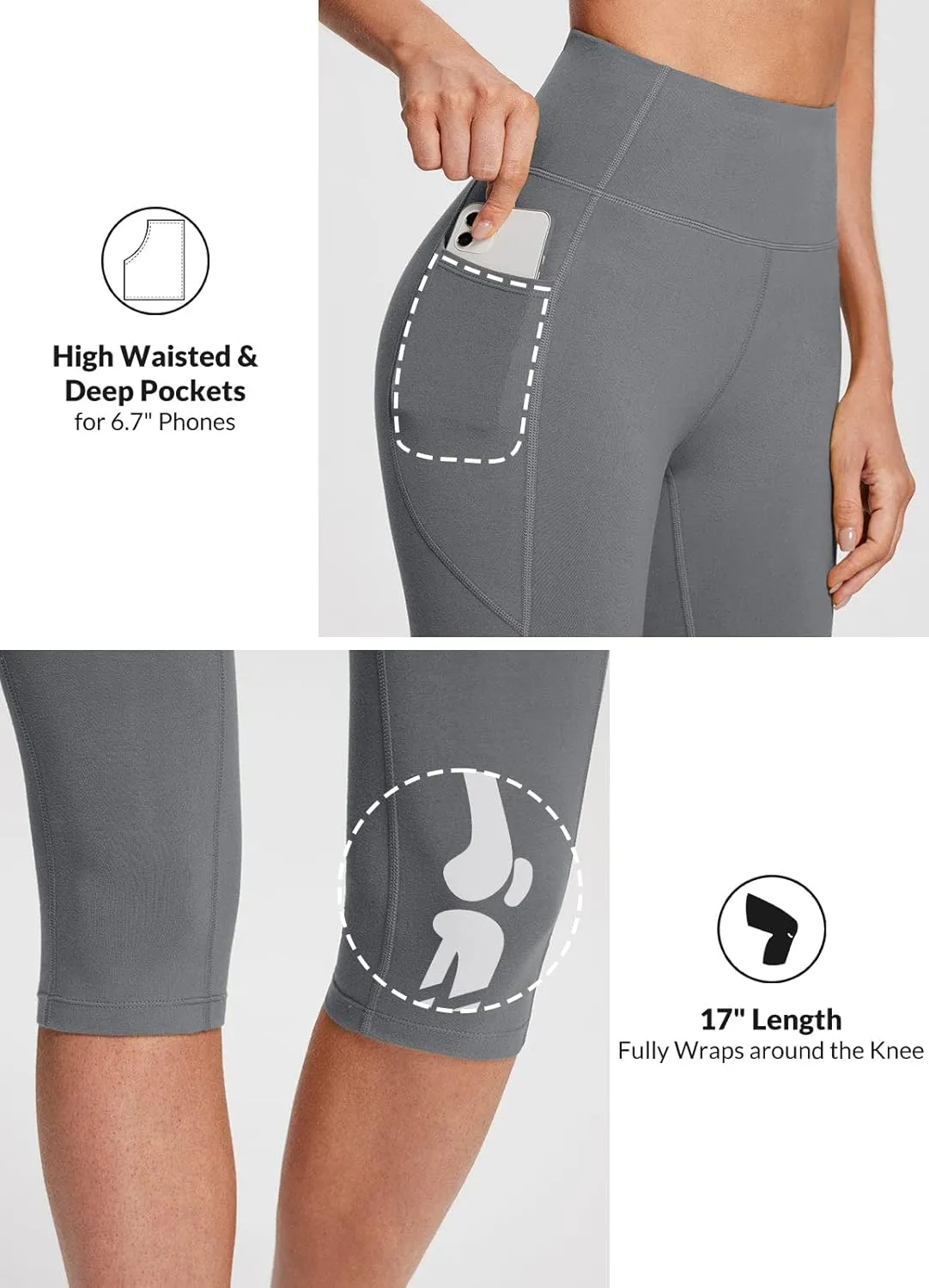 baleaf Women's Knee Length Cotton Capri Leggings with Pockets, High Waisted Casual Summer Yoga Workout Exercise Pants