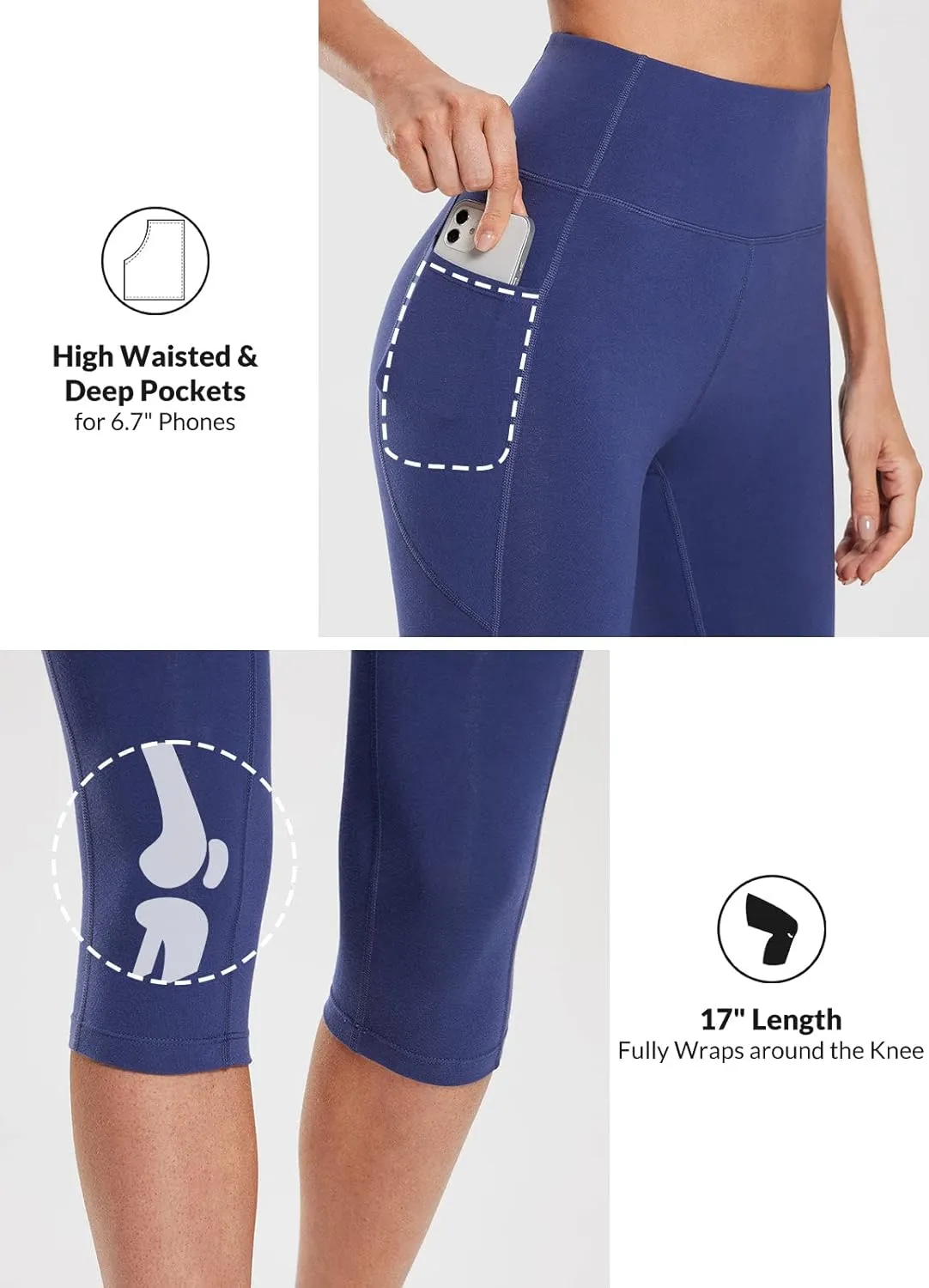 baleaf Women's Knee Length Cotton Capri Leggings with Pockets, High Waisted Casual Summer Yoga Workout Exercise Pants