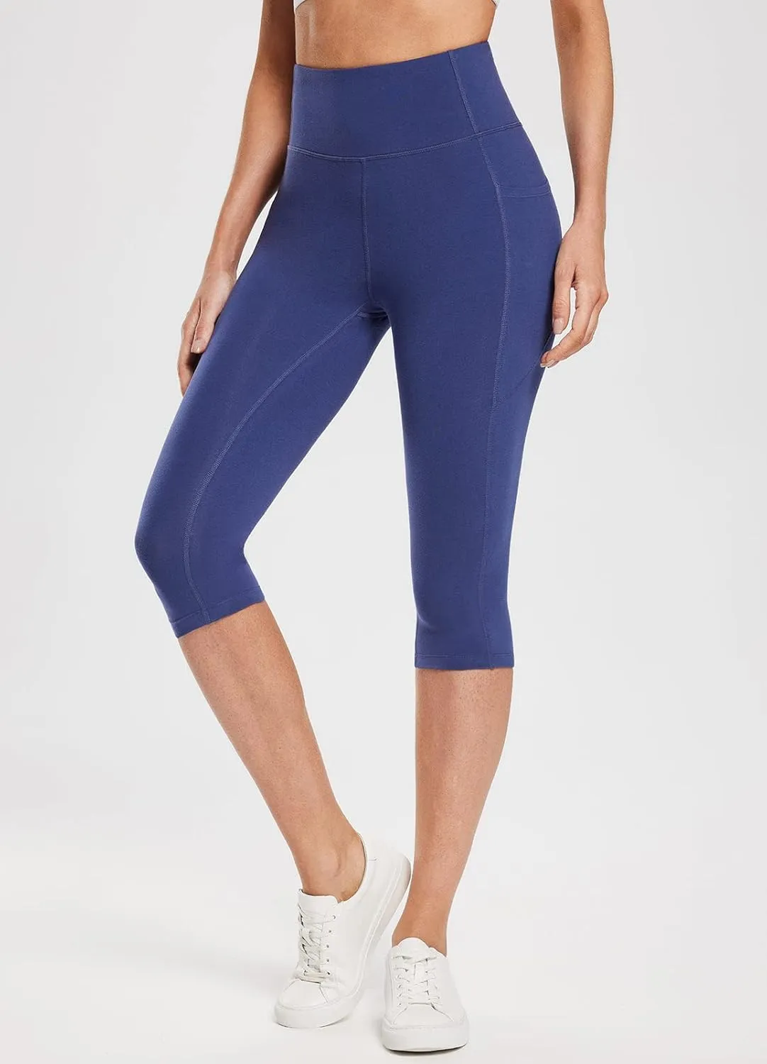 baleaf Women's Knee Length Cotton Capri Leggings with Pockets, High Waisted Casual Summer Yoga Workout Exercise Pants
