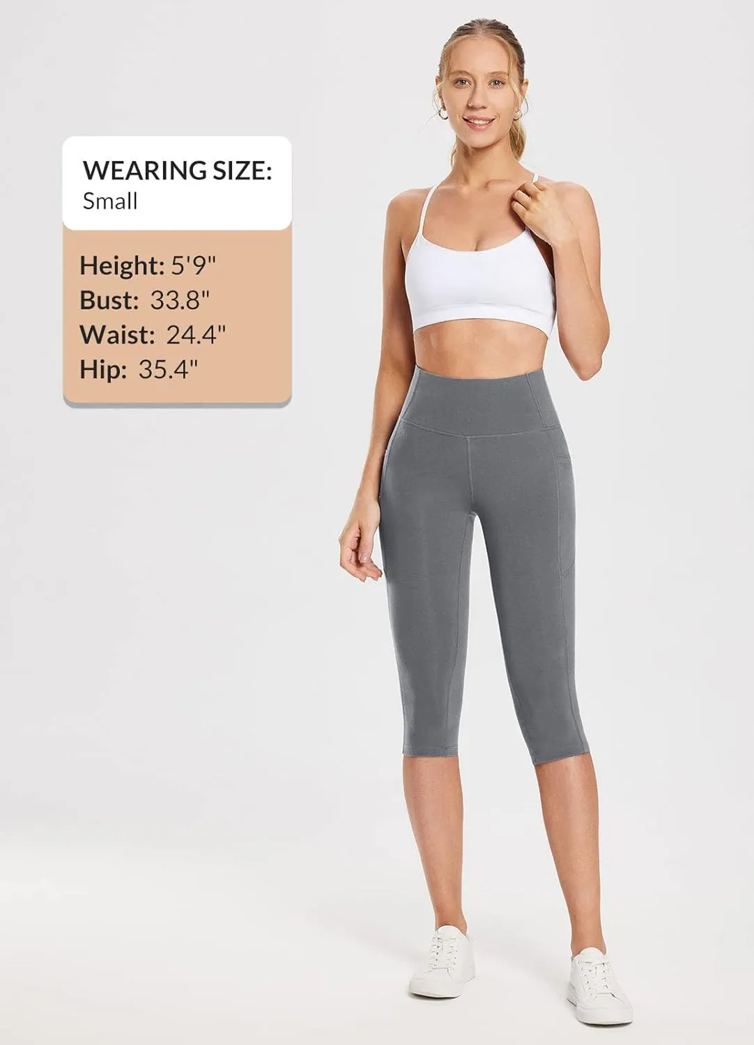 baleaf Women's Knee Length Cotton Capri Leggings with Pockets, High Waisted Casual Summer Yoga Workout Exercise Pants