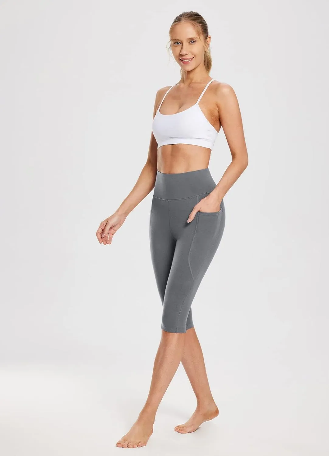 baleaf Women's Knee Length Cotton Capri Leggings with Pockets, High Waisted Casual Summer Yoga Workout Exercise Pants