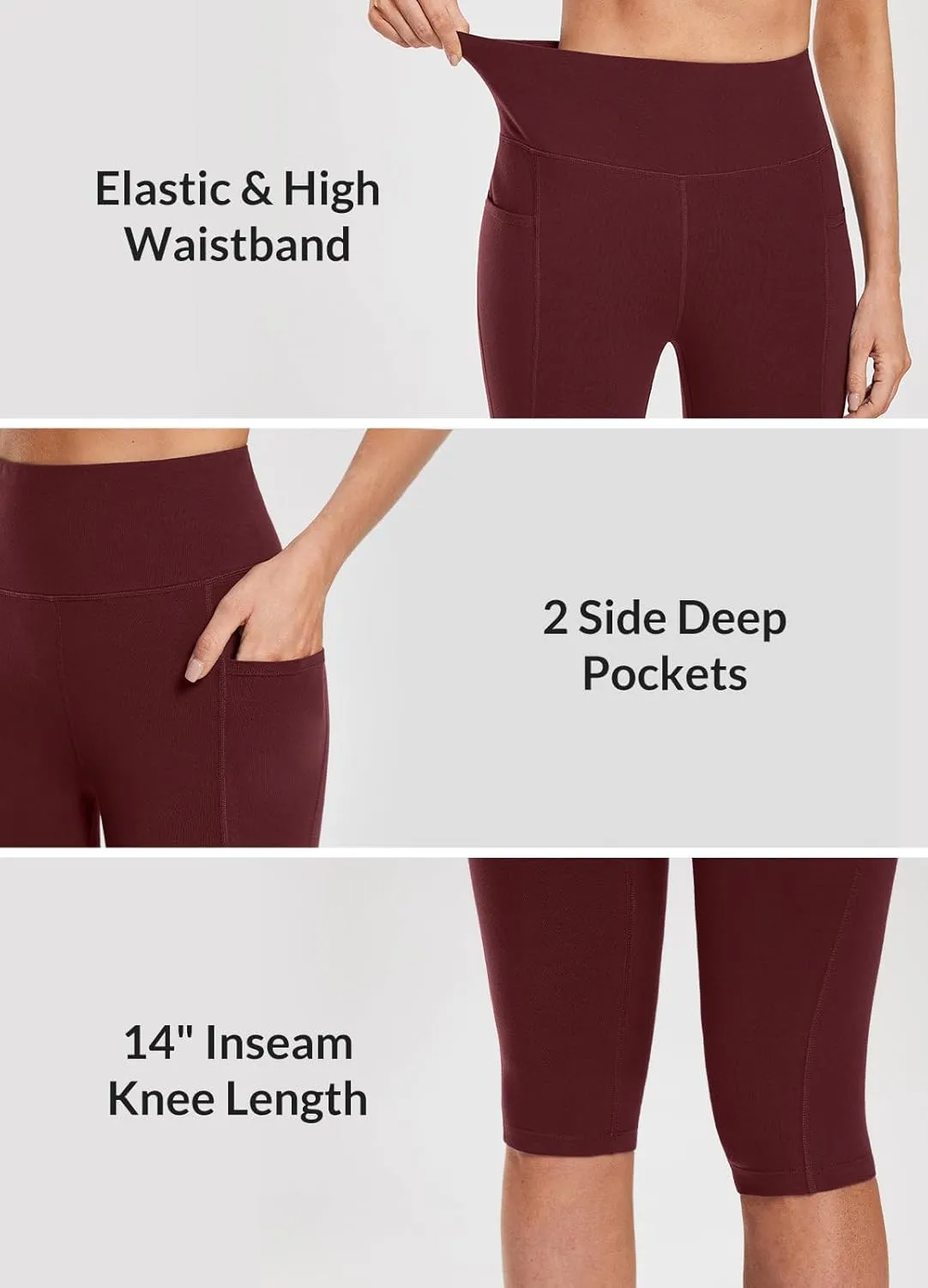 baleaf Women's Knee Length Cotton Capri Leggings with Pockets, High Waisted Casual Summer Yoga Workout Exercise Pants