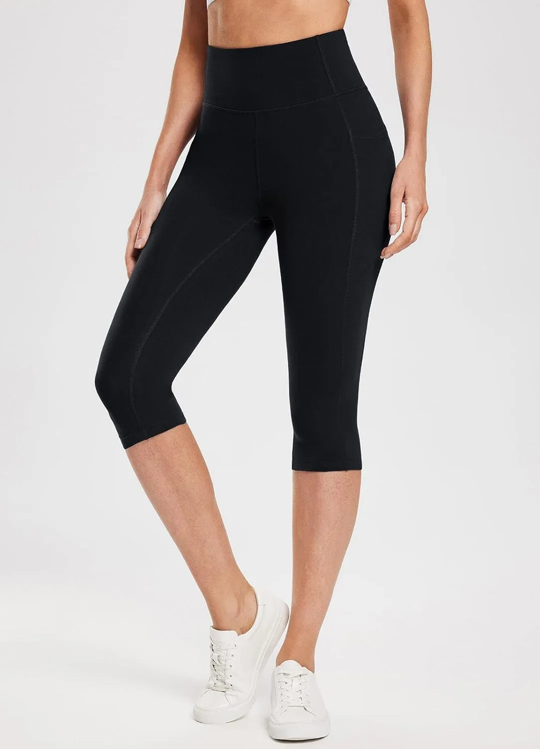 baleaf Women's Knee Length Cotton Capri Leggings with Pockets, High Waisted Casual Summer Yoga Workout Exercise Pants