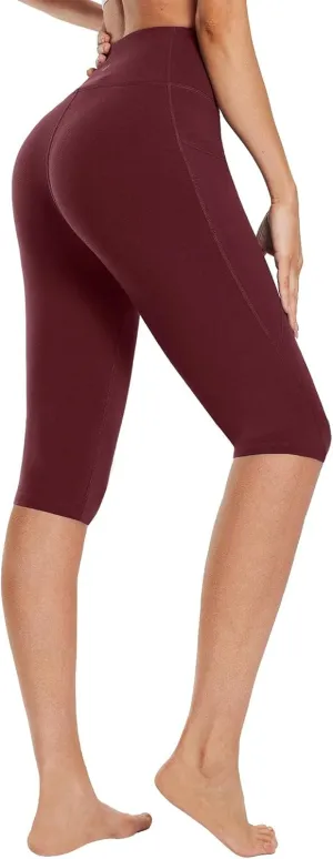 baleaf Women's Knee Length Cotton Capri Leggings with Pockets, High Waisted Casual Summer Yoga Workout Exercise Pants