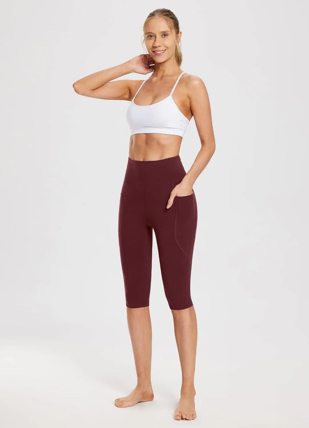 baleaf Women's Knee Length Cotton Capri Leggings with Pockets, High Waisted Casual Summer Yoga Workout Exercise Pants