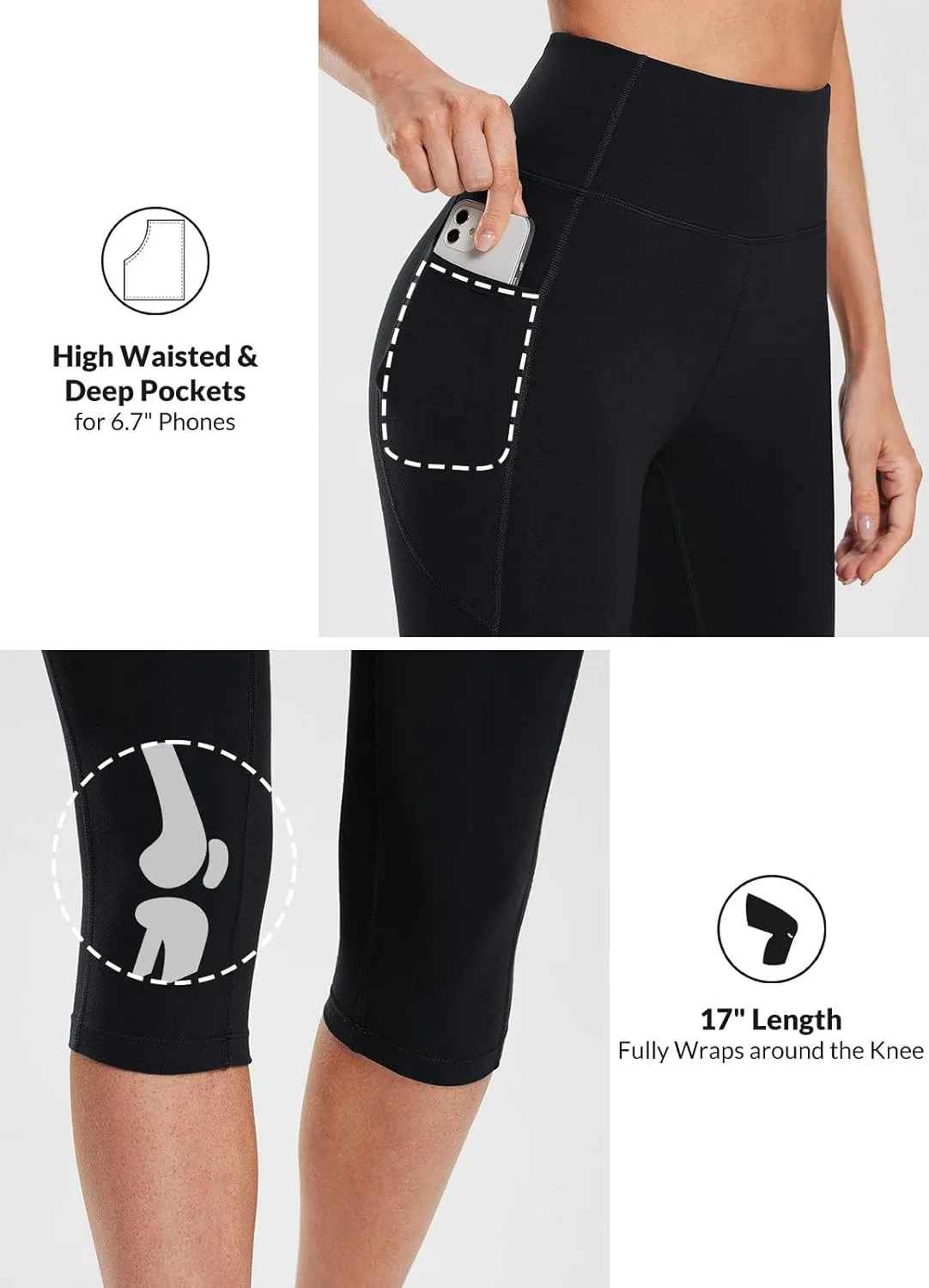 baleaf Women's Knee Length Cotton Capri Leggings with Pockets, High Waisted Casual Summer Yoga Workout Exercise Pants