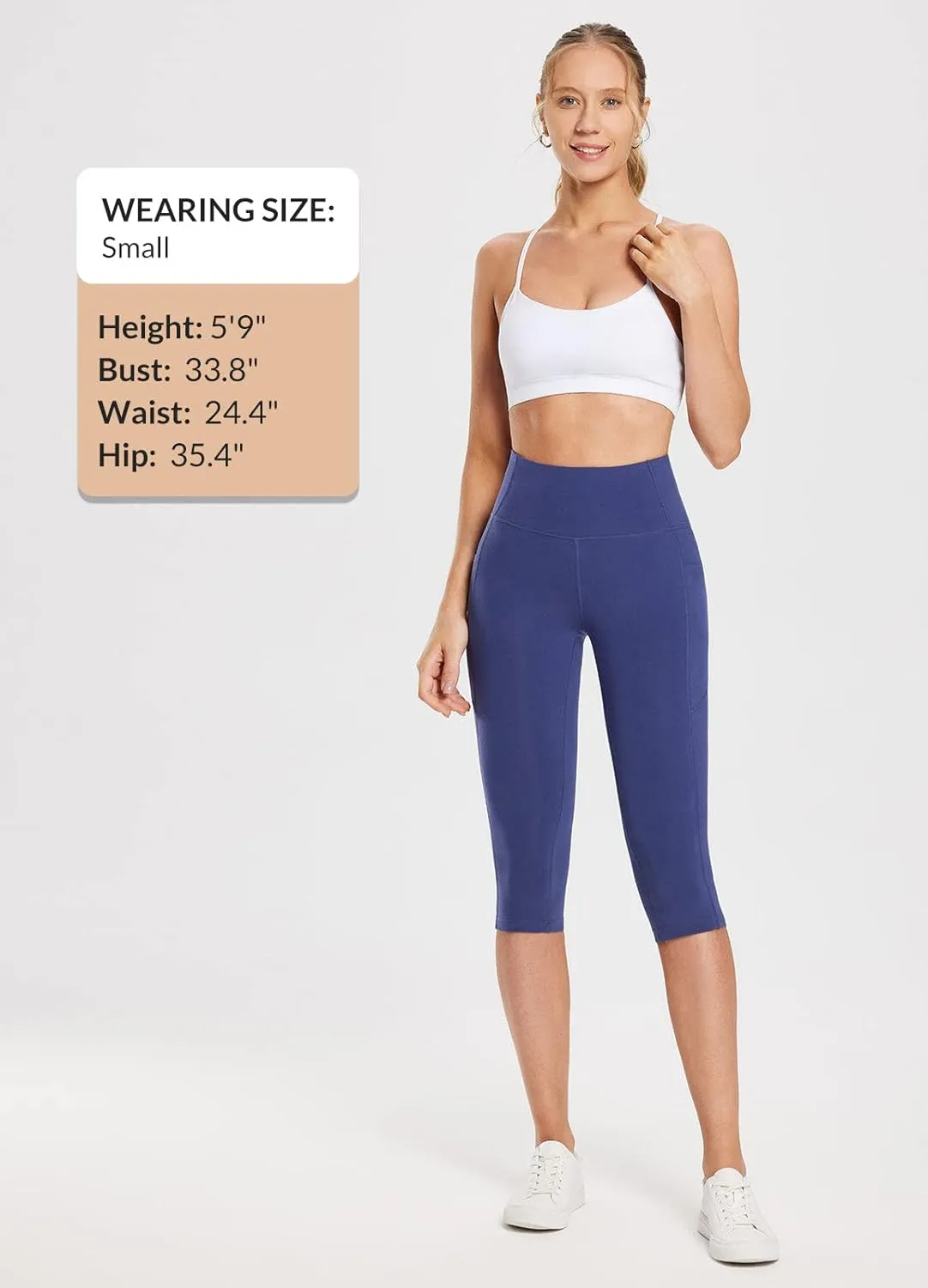 baleaf Women's Knee Length Cotton Capri Leggings with Pockets, High Waisted Casual Summer Yoga Workout Exercise Pants