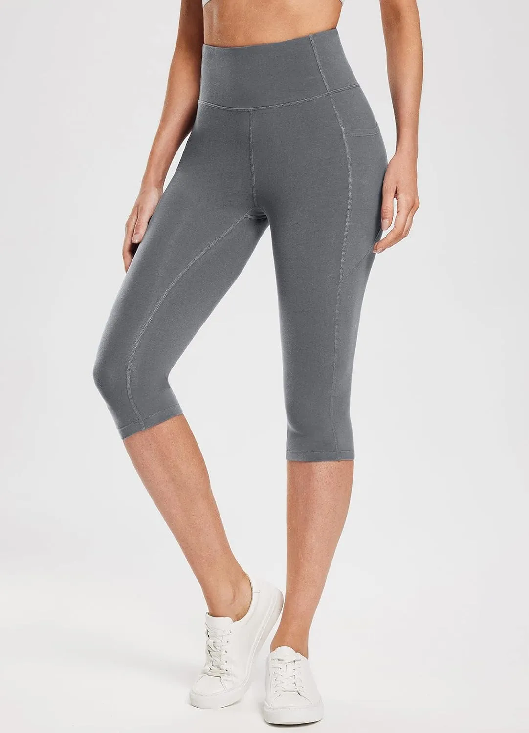 baleaf Women's Knee Length Cotton Capri Leggings with Pockets, High Waisted Casual Summer Yoga Workout Exercise Pants