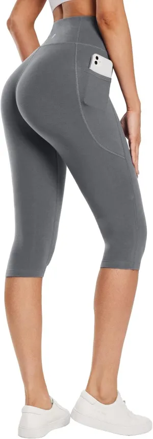 baleaf Women's Knee Length Cotton Capri Leggings with Pockets, High Waisted Casual Summer Yoga Workout Exercise Pants