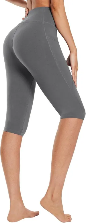 baleaf Women's Knee Length Cotton Capri Leggings with Pockets, High Waisted Casual Summer Yoga Workout Exercise Pants