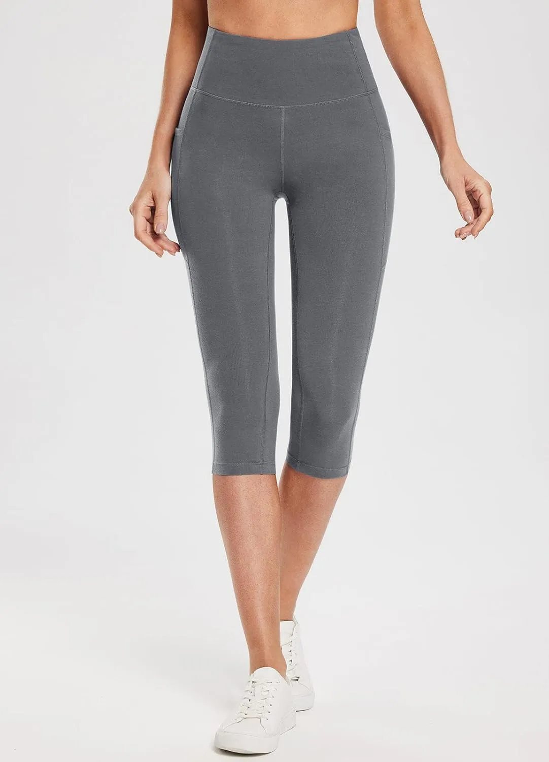 baleaf Women's Knee Length Cotton Capri Leggings with Pockets, High Waisted Casual Summer Yoga Workout Exercise Pants