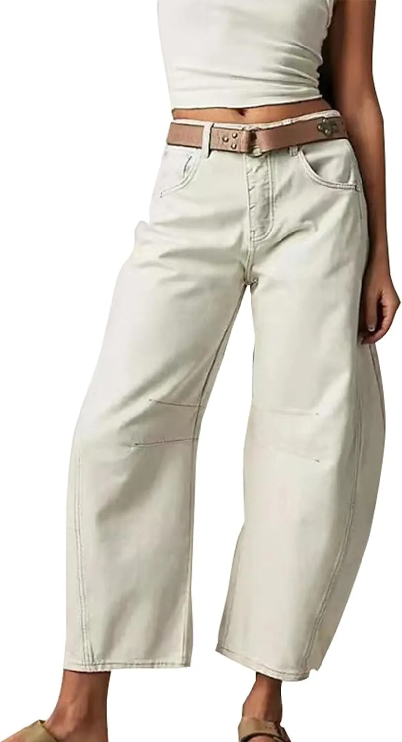 Barrel Jeans Women Petite Length Ankle Wide Leg Pants Y2K Baggy Casual Vintage Boyfriend Mid Rise Harem Denim Pants