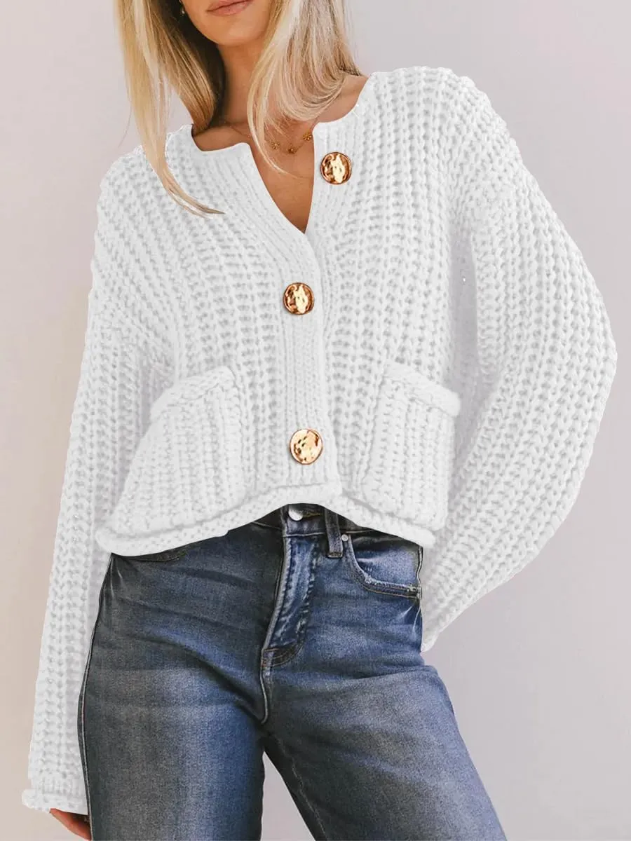 BeautyNee Women's Cardigan Sweaters Button Down Cropped Chunky Knit Cardigan Jacket Long Sleeve Trendy Tops with Pockets