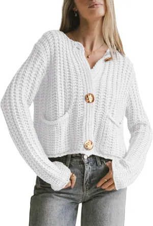 BeautyNee Women's Cardigan Sweaters Button Down Cropped Chunky Knit Cardigan Jacket Long Sleeve Trendy Tops with Pockets