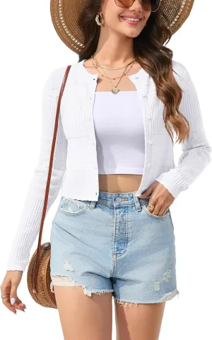 BeautyNee Women's Long Sleeve Cropped Cardigan Sweaters Crewneck Knit Shrugs Solid Button Down Shrugs for Dresses
