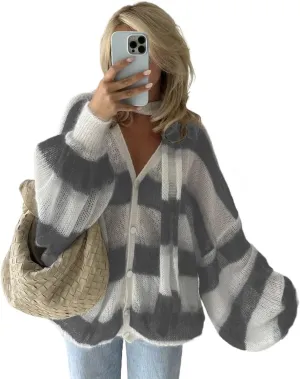 Bell Sleeves Striped Cardigans Trendy Y2k Outerwear Cute Sweater Cardigan Coquette Oversized Knit Scarf Cardigans