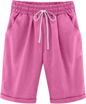 Bermuda Shorts for Women Summer Casual Linen Pants Knee Length Bermuda Short Elastic Waist Drawstring Pocket Capris