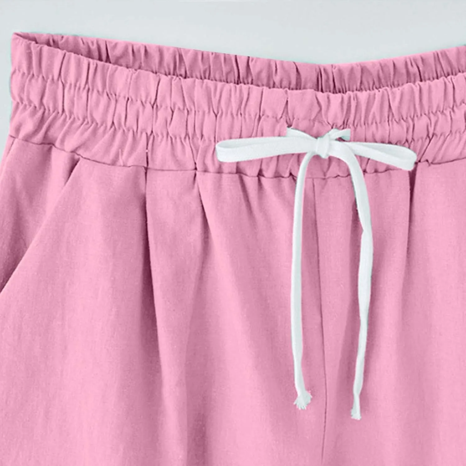 Bermuda Shorts for Women Summer Casual Linen Pants Knee Length Bermuda Short Elastic Waist Drawstring Pocket Capris