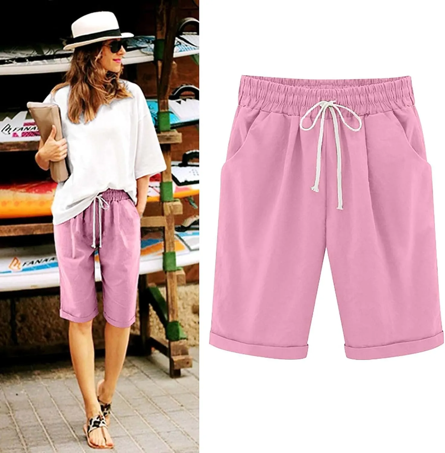Bermuda Shorts for Women Summer Casual Linen Pants Knee Length Bermuda Short Elastic Waist Drawstring Pocket Capris