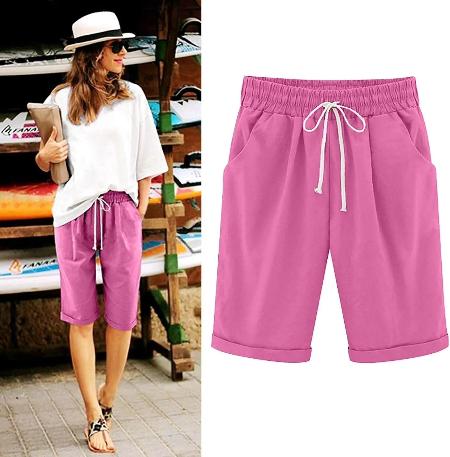 Bermuda Shorts for Women Summer Casual Linen Pants Knee Length Bermuda Short Elastic Waist Drawstring Pocket Capris