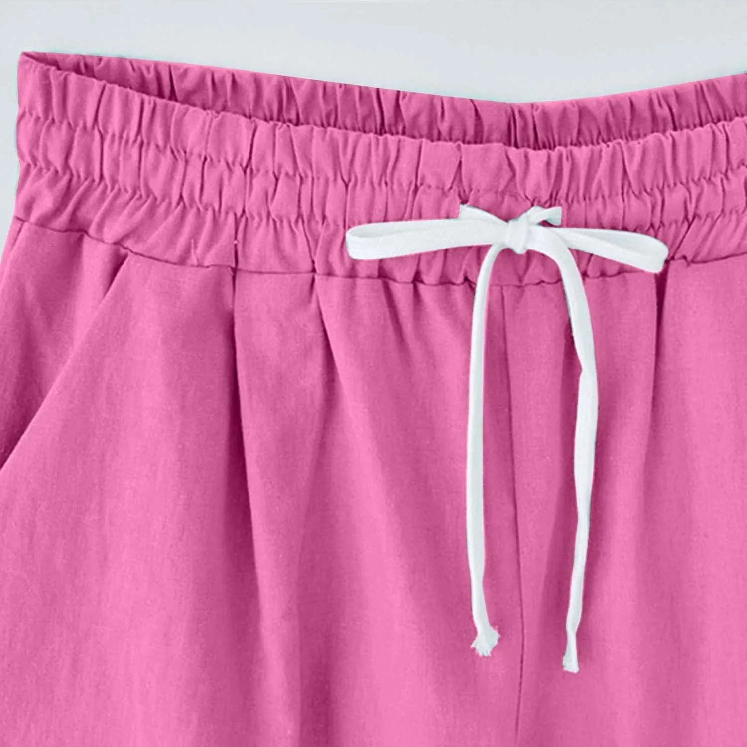 Bermuda Shorts for Women Summer Casual Linen Pants Knee Length Bermuda Short Elastic Waist Drawstring Pocket Capris