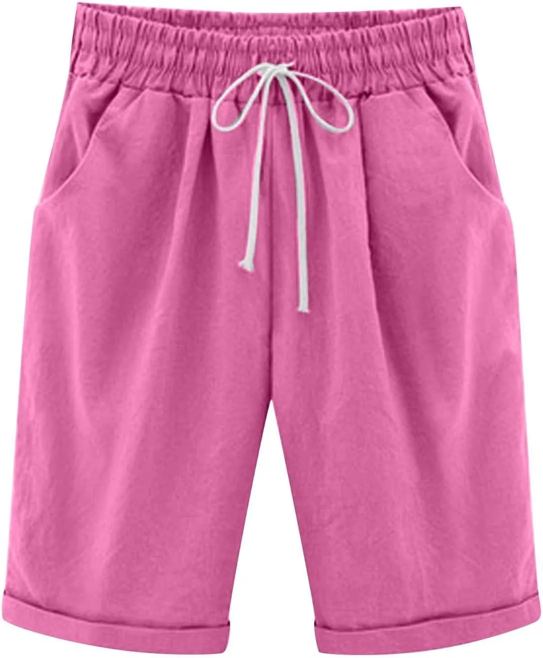 Bermuda Shorts for Women Summer Casual Linen Pants Knee Length Bermuda Short Elastic Waist Drawstring Pocket Capris