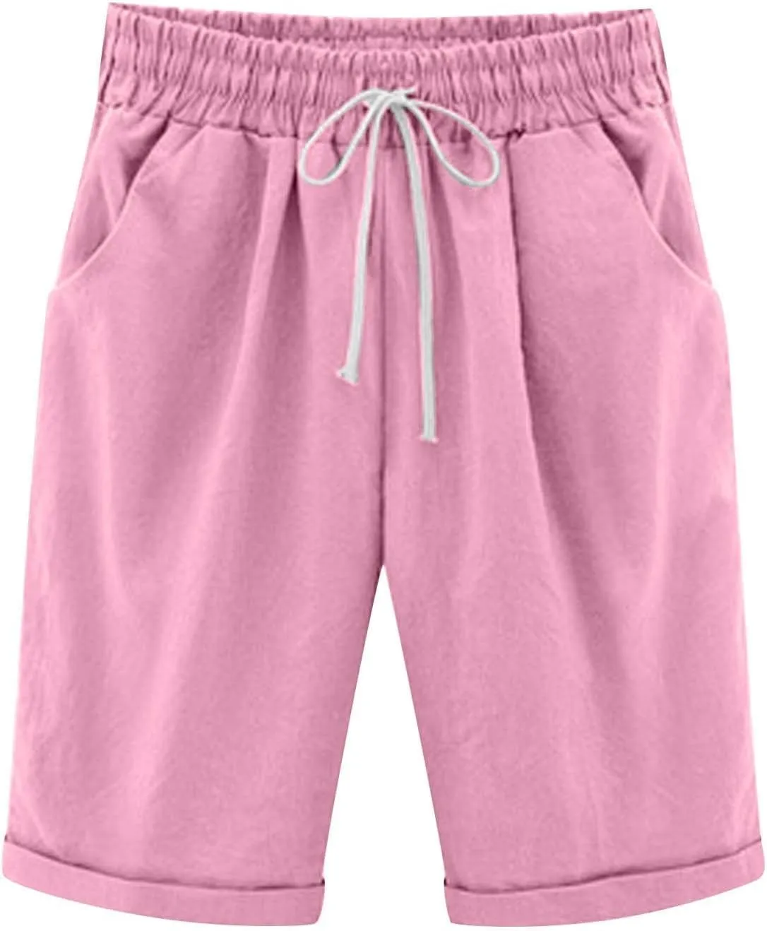 Bermuda Shorts for Women Summer Casual Linen Pants Knee Length Bermuda Short Elastic Waist Drawstring Pocket Capris
