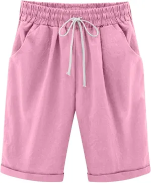 Bermuda Shorts for Women Summer Casual Linen Pants Knee Length Bermuda Short Elastic Waist Drawstring Pocket Capris