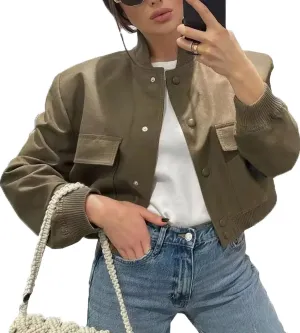 Bomber jacket Women Autumn Winter Cropped Jacket Black Brown Khaki Varsity Jacket Coat