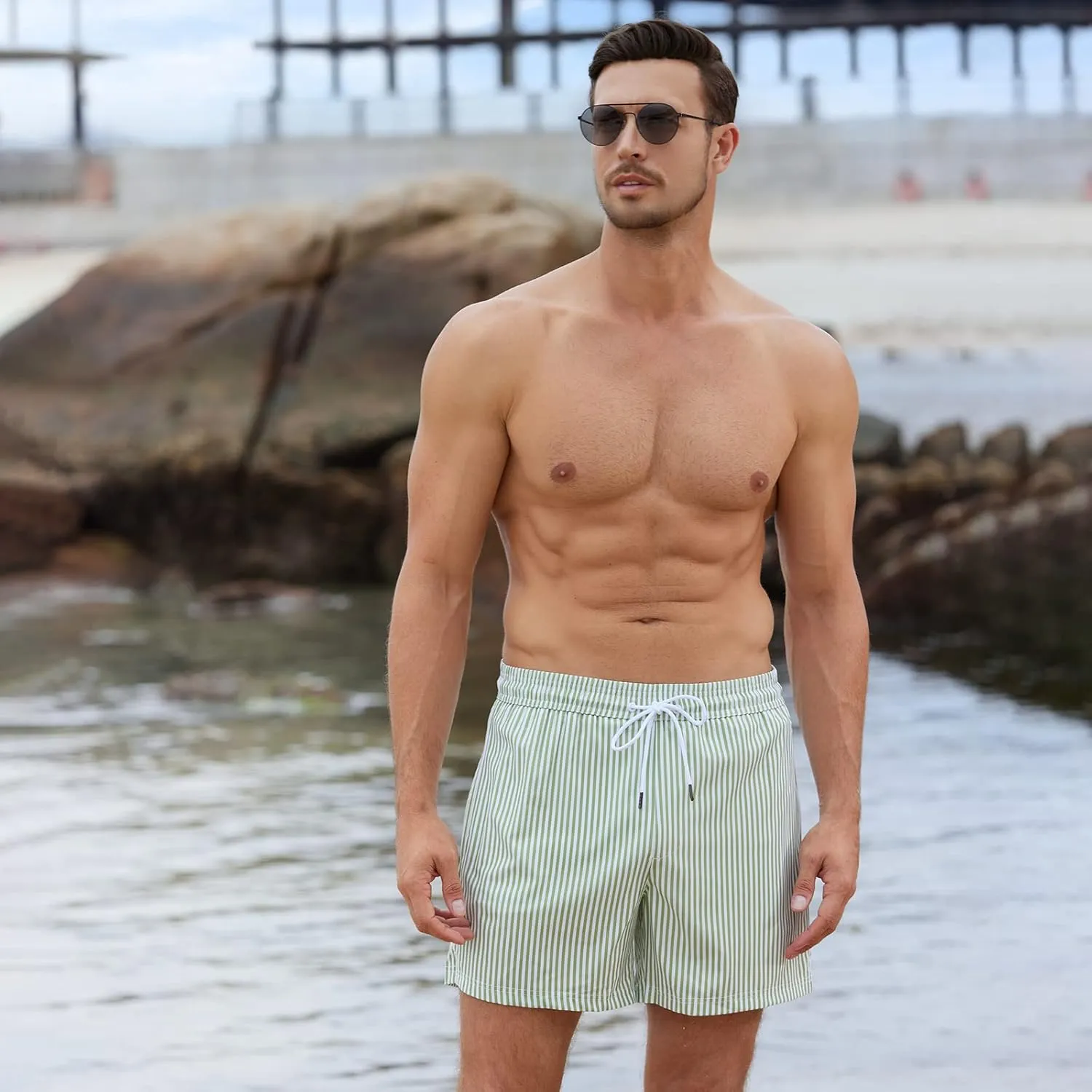 BRISIRA Mens Swim Trunks Swim Shorts Quick Dry 5 inch Inseam Beach Shorts with Compression Liner and Zipper Pocket