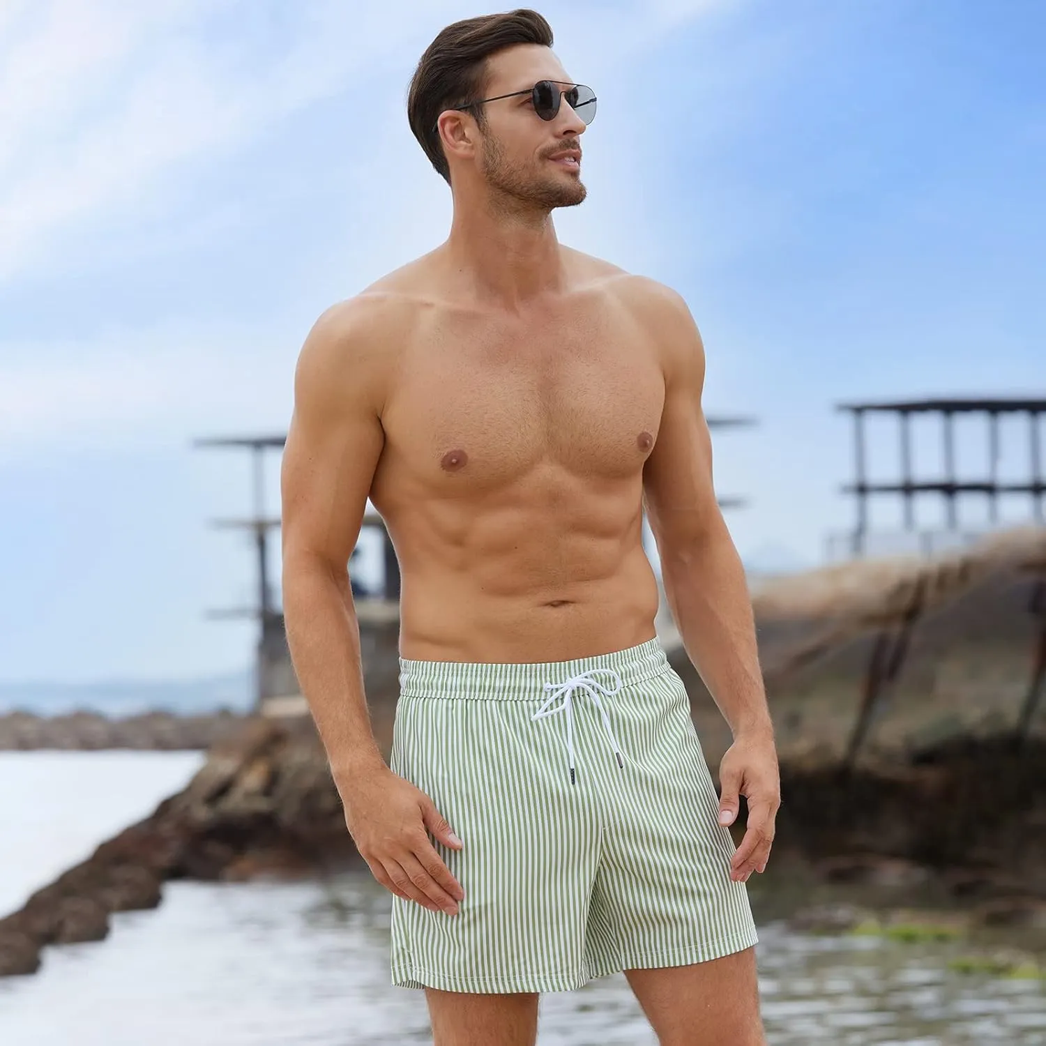BRISIRA Mens Swim Trunks Swim Shorts Quick Dry 5 inch Inseam Beach Shorts with Compression Liner and Zipper Pocket