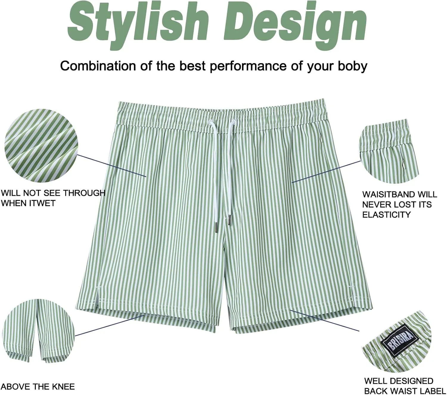 BRISIRA Mens Swim Trunks Swim Shorts Quick Dry 5 inch Inseam Beach Shorts with Compression Liner and Zipper Pocket