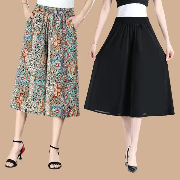 BUY 2 FREE SHIPPINGWomen's High Elastic Waist Pleated Chiffon Wide Leg Culottes