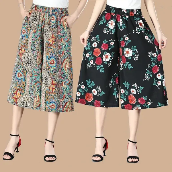 BUY 2 FREE SHIPPINGWomen's High Elastic Waist Pleated Chiffon Wide Leg Culottes