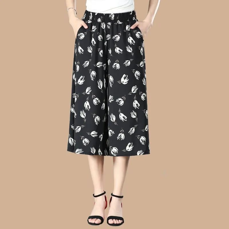 BUY 2 FREE SHIPPINGWomen's High Elastic Waist Pleated Chiffon Wide Leg Culottes