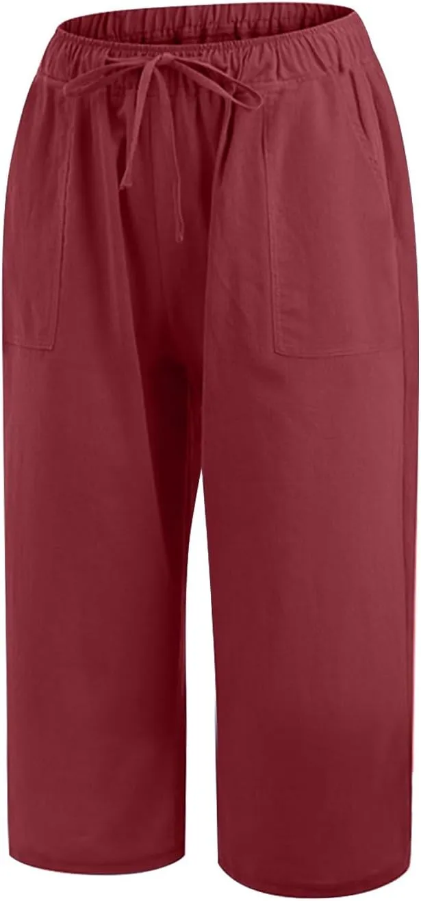 BZGTZT Women Plus Size Linen Capri Pants Drawstring High Waist Wide Leg Pant Summer Casual Loose Cropped Trouser with Pocket