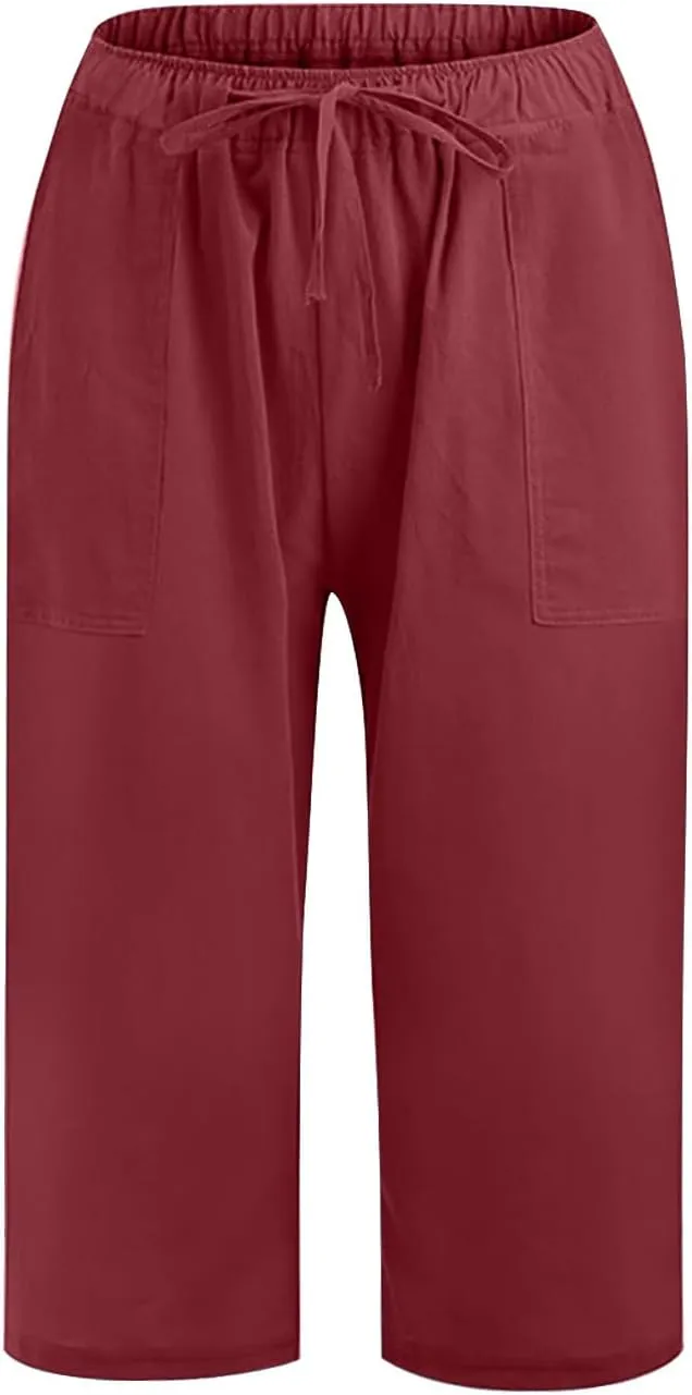 BZGTZT Women Plus Size Linen Capri Pants Drawstring High Waist Wide Leg Pant Summer Casual Loose Cropped Trouser with Pocket