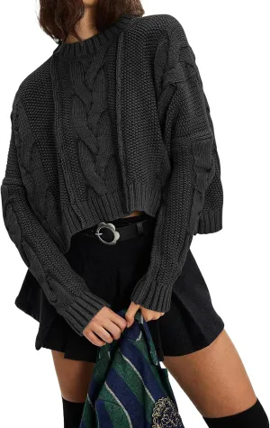 Cable Knit Cropped Sweater for Women Crew Neck Long Sleeve Chunky Pullover Loose Fall Winter Outfit